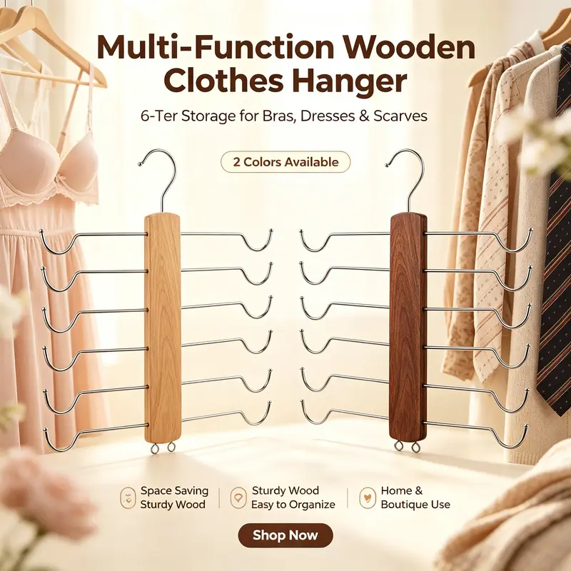 Solid Wood Multi-Layer Bra Lingerie Hanging Organizer, Multi Hook Multi-Functional Closet Storage Rack for Dress Scarf Camis Belt, Space Saving Wall & Closet Hanger for Home Clothing Store Wholesale Supply
