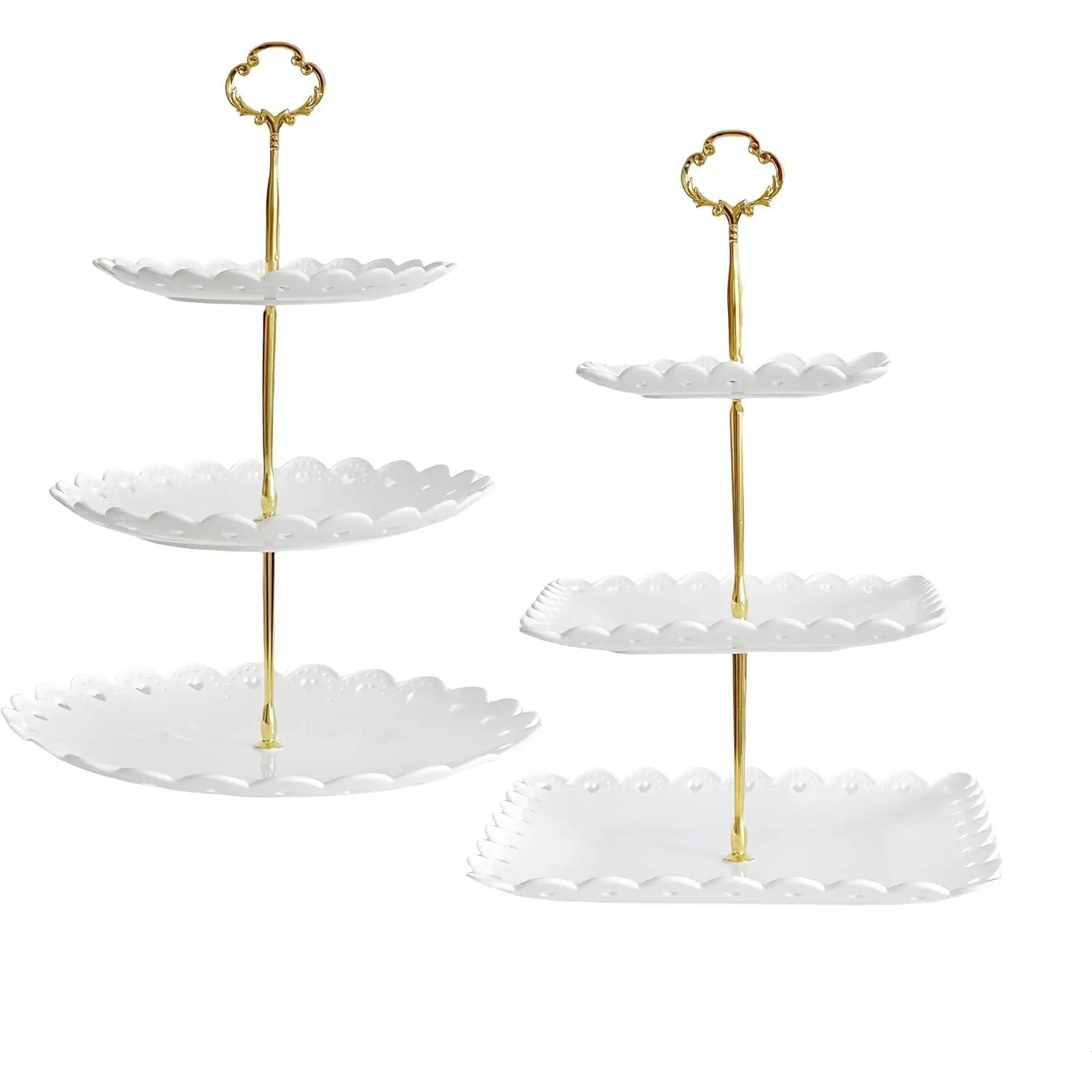 2 Pack of Plastic Round & Square Dessert Cupcake Stand, 3 Tier Cup Cake Holder Tower for  Party/Birthday/Wedding, Plastic Tiered Serving Tray (White)