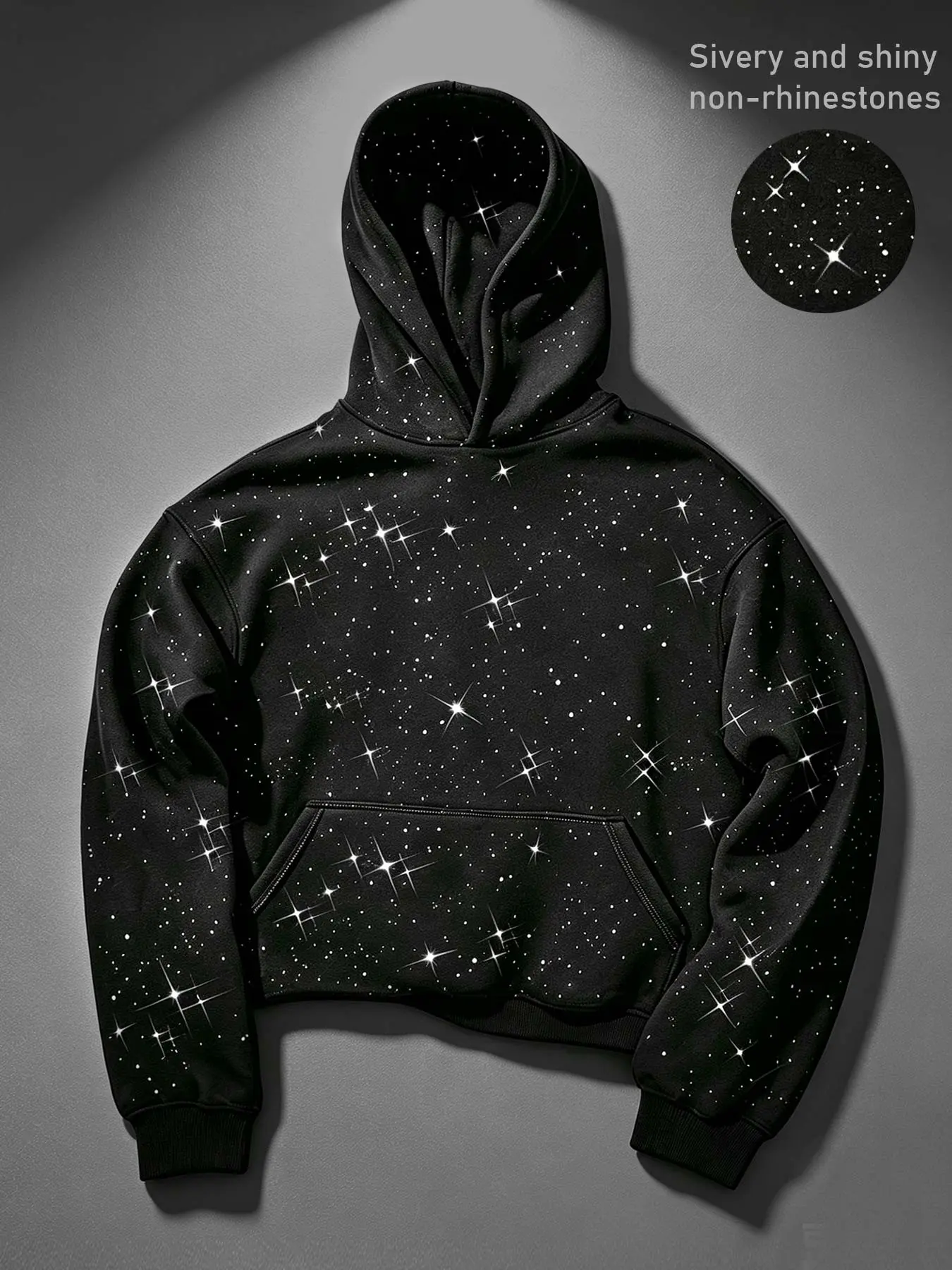 Y2K Silver Glitter Starry Printed Hooded Sweatshirt for Men and Women. Warm, non-hot diamond loose black hoodie for women. Gothic style. Street daily wear top. No diamond starry sky sparkling velvet sweatshirt hoodie.