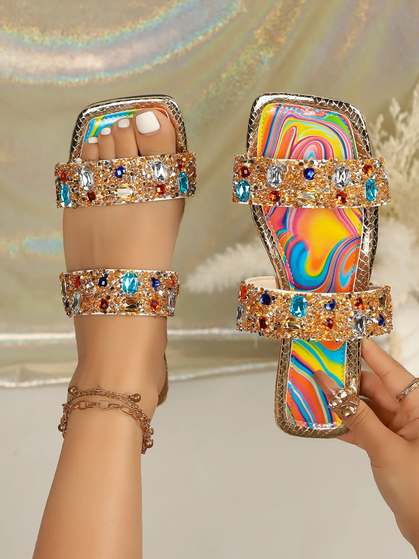 2026 Summer New Sparkly Rhinestone Sandals, Square Toe Open-Toe Flip Flops, Rainbow Marble Pattern Flat Shoes, Chic Summer Footwear, Beach Wear