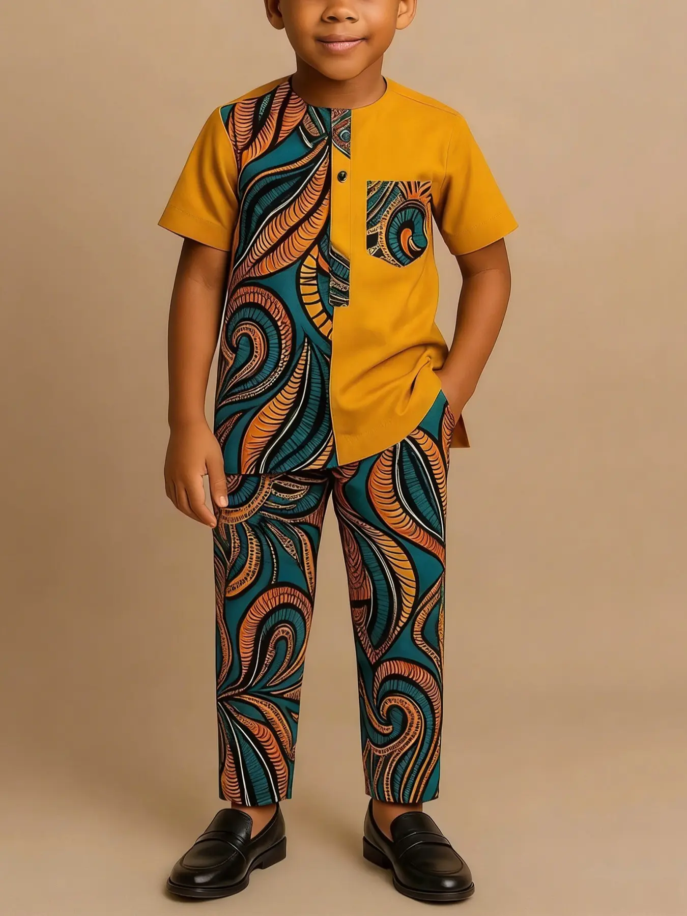 West African Ethnic Style Boys', Toddler Suit, Wax Print Set, High Visibility, Casual Slim-Fit, All-Season Wear, Unique Fashion Choice, Outfit Sets
