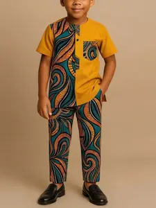 West African Ethnic Style Boys', Wax Print Set, High Visibility, Casual Slim-Fit, All-Season Wear, Unique Fashion Choice