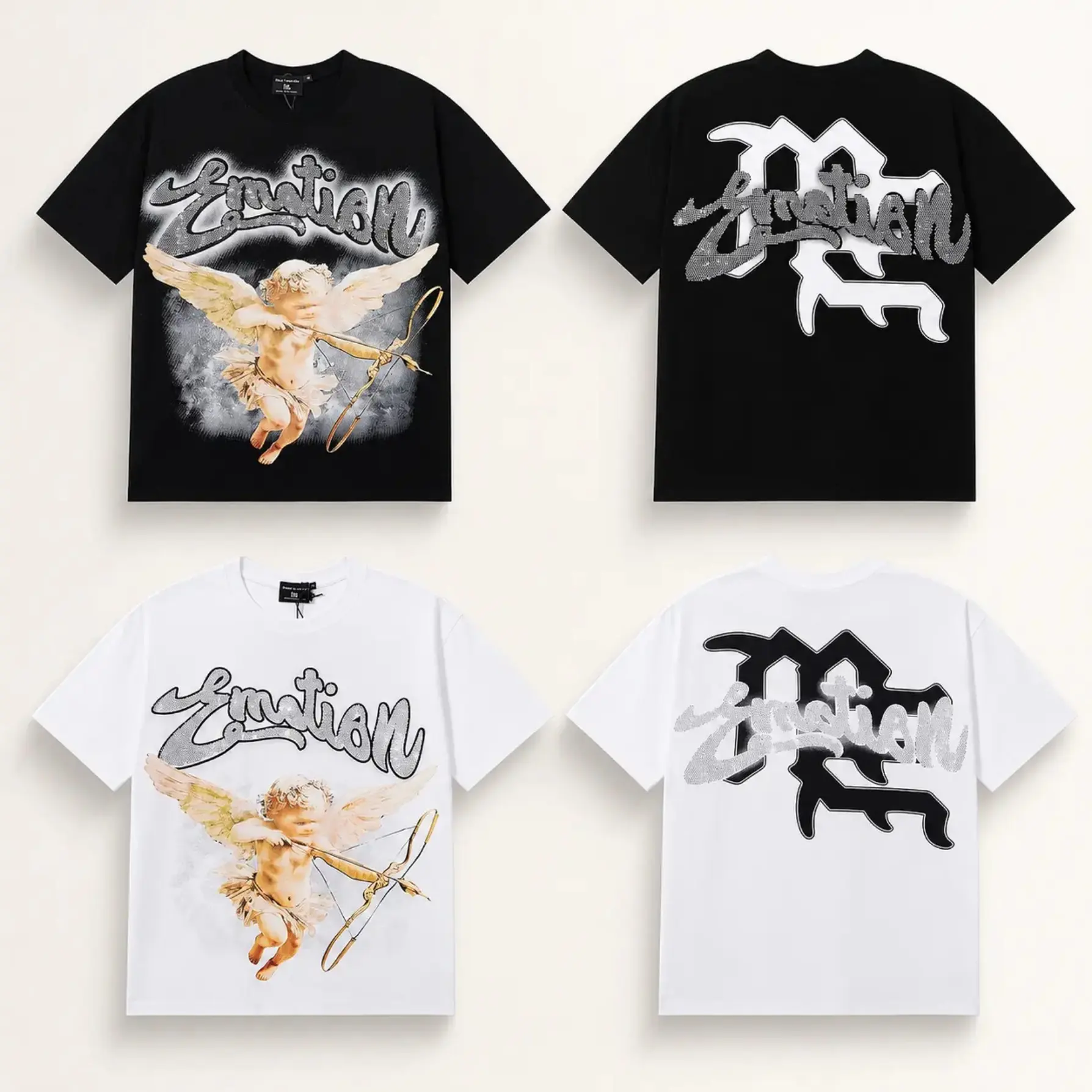 MIXED EMOTION Gothic Angel Rhinestone Graphic T-Shirt 100% Cotton Loose Oversized Y2K Hip Hop Crew Neck Baggy Diamond Tee Vintage Summer Casual Streetwear for Men Women