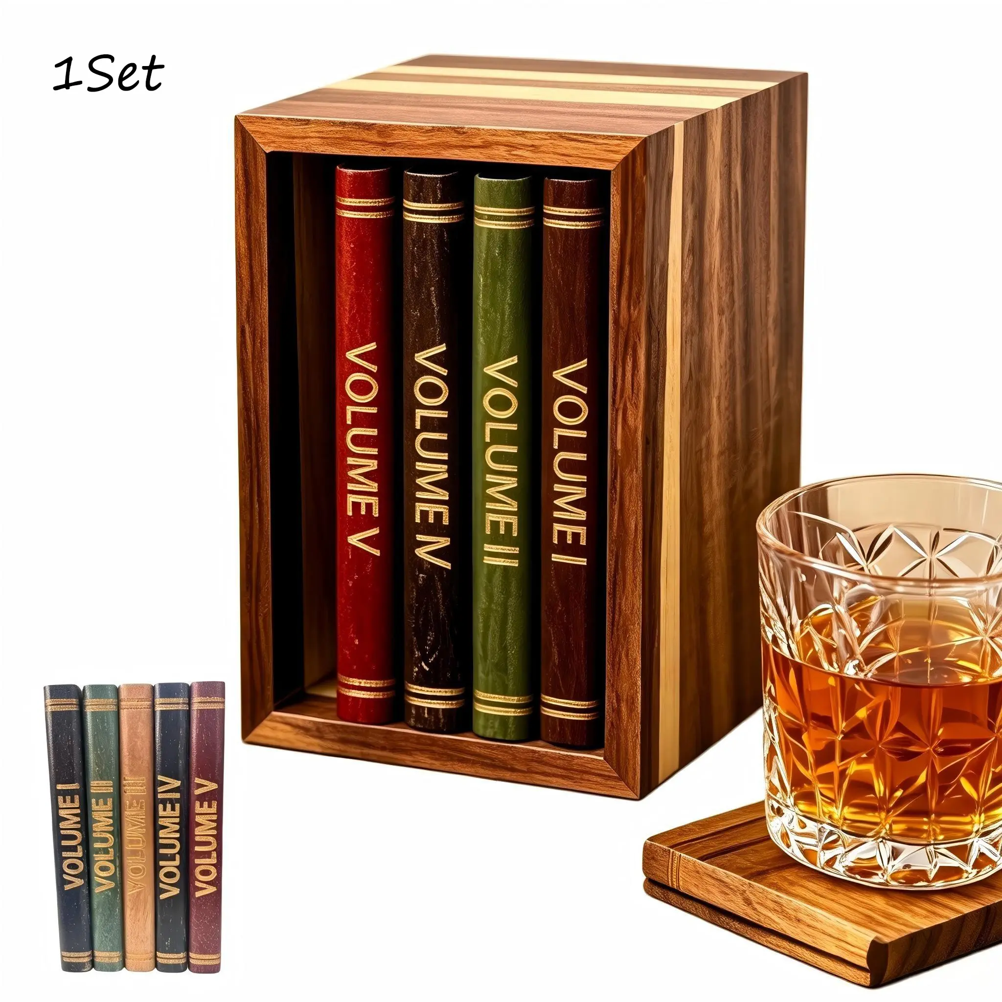 Book-Shaped Drink Coasters Set of 5, Coasters for Drinks, 100% Teak Wood, Includes Wooden Base, Perfect for Coffee, Tea, Cocktails, Eye-Catching Desk Decor