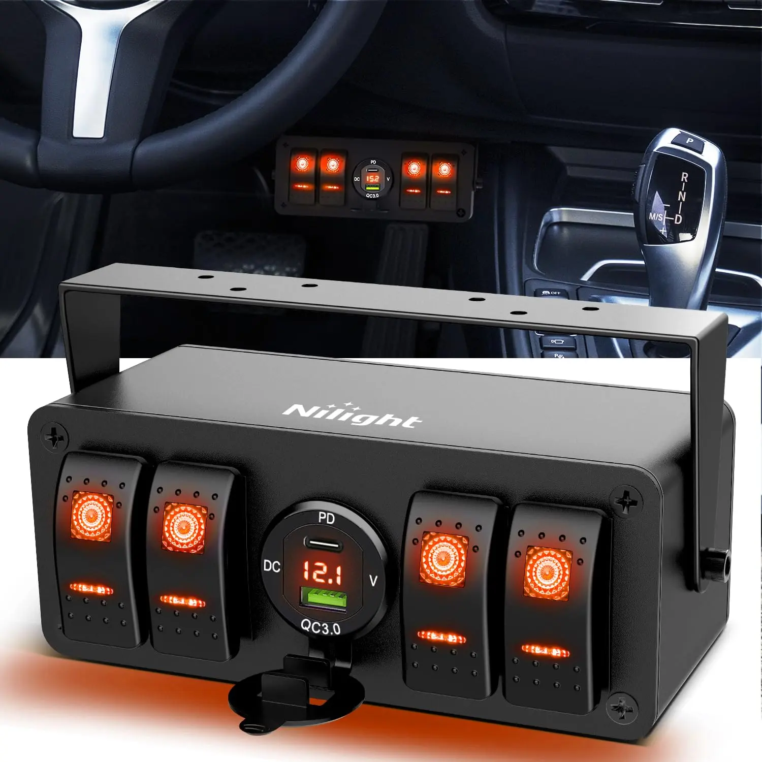 Nilight 4-Gang Pre-Wired Detachable SPST ON-Off Toggle Switch Box - 12V/24V Control Devices with PD Type-C/QC 3.0 USB Socket, Voltmeter, Orange LED Light, Waterproof Aluminum-Rotatable Bracket Panel, ABS Stickers for Boat, Car (Pre-Wired Wiring Included),