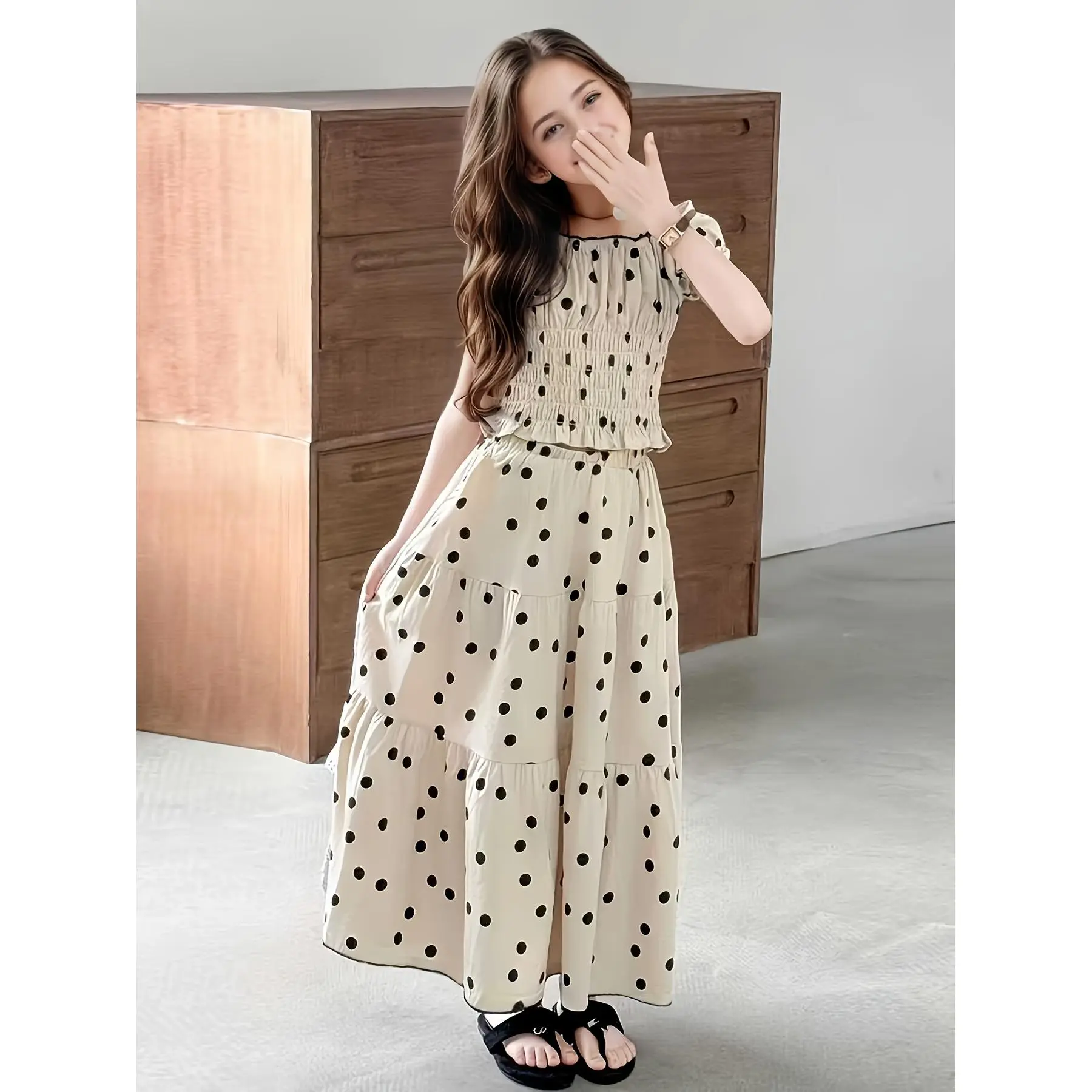 Girls' 2-Piece Bohemian Casual Off-the-Shoulder Sleeveless Polka Dot Dress - Layered Loose-Fitting Flowy Cake-Layer Spliced Maxi Skirt Vacation Clothes