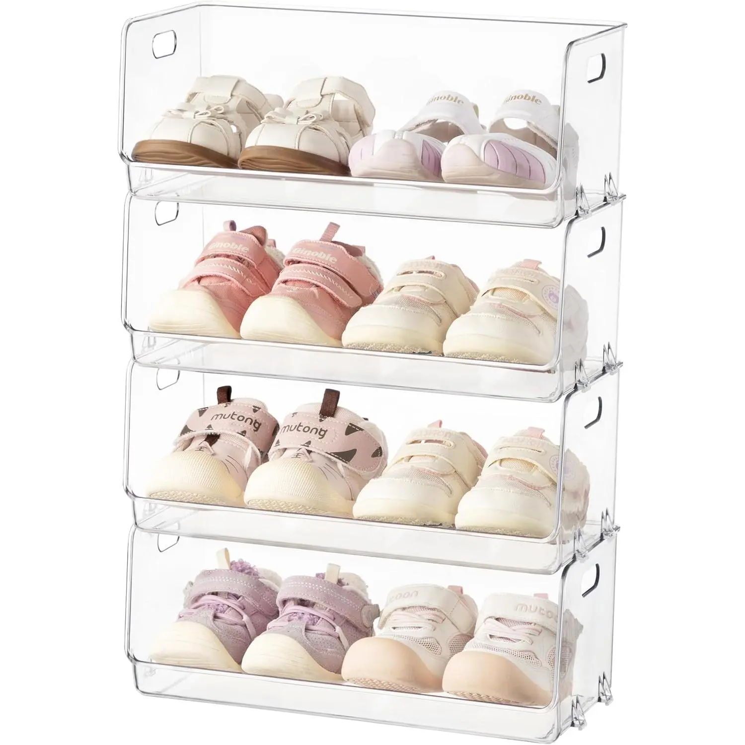 Clear Acrylic Kids Shoe Rack Baby Toddler Shoe Storage Organizer for Closet Floor Entryway Bedroom, 4 Tier Stackable Small Shoe Rack Shelf Display Stand