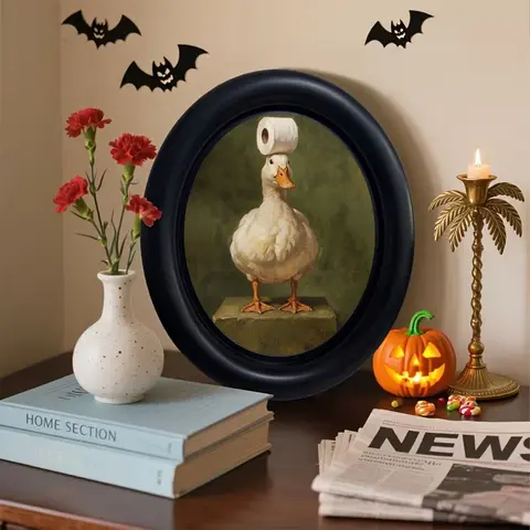 Vintage Funny Duck Toilet Paper Holder, Oval Frame Wall Art, Fun American Style Home Decor, Framed Wall Hanging for Living Room and Study, Bathroom Decoration, Bathroom Decor Supplies