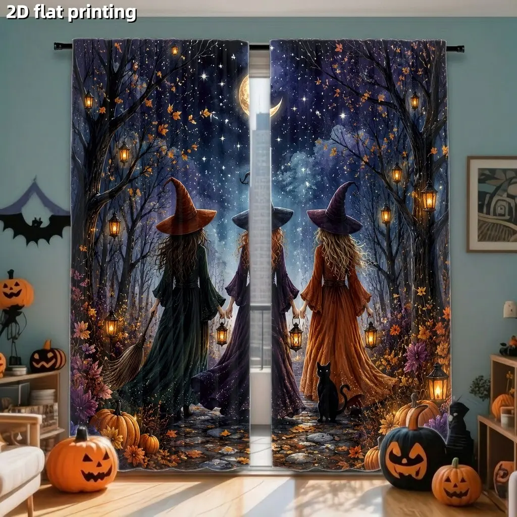 2Pcs Halloween Witch Forest Night Curtains, Enchanting Witchy Scene with Lanterns and Moon, Digital Print, Light Filtering, Privacy Protection, for Living Room, Bedroom, Holiday Decor, Home