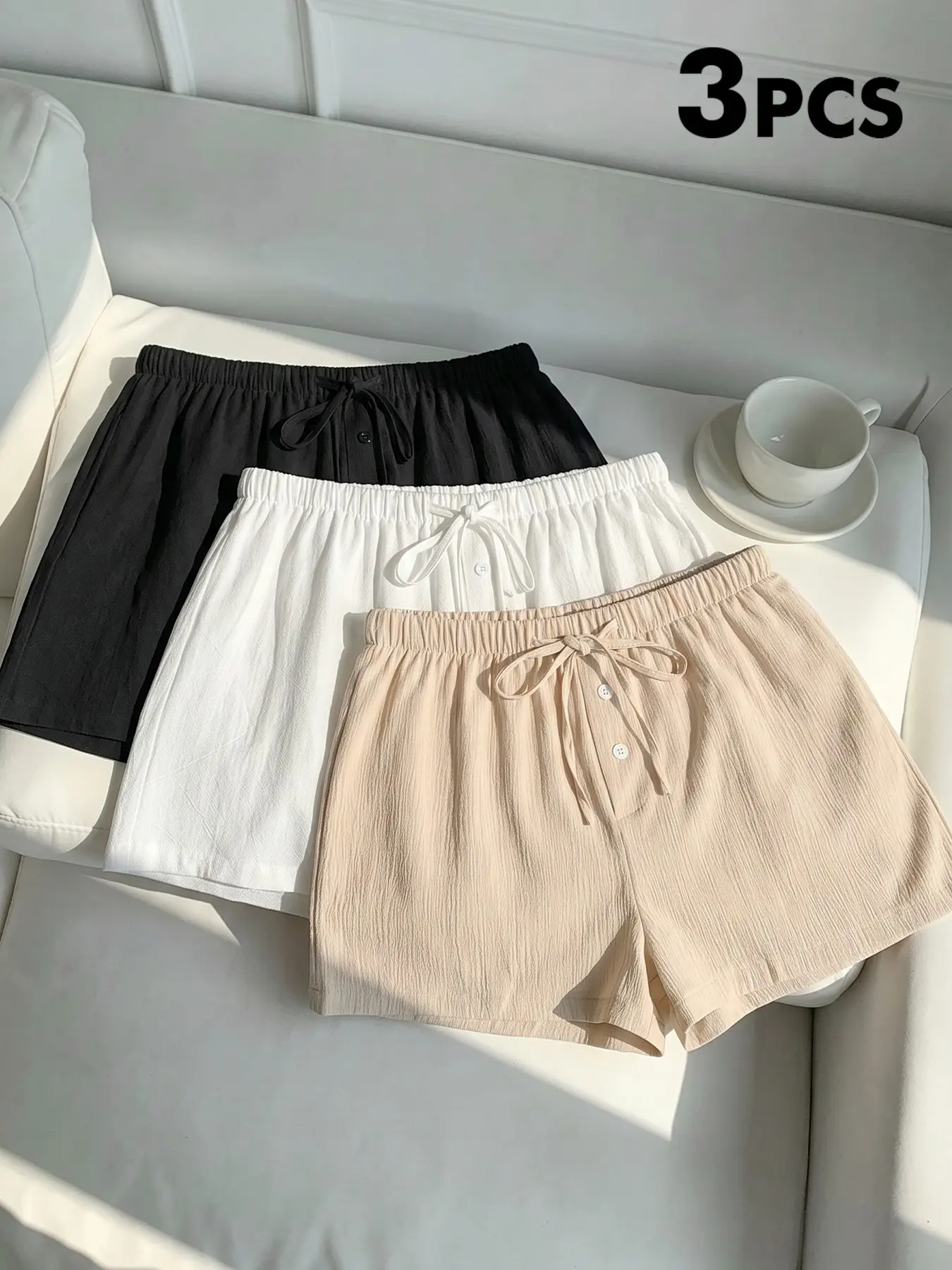 3 Pack Solid Crinkle Drawstring Elastic Waist Casual Shorts Women Front Decor Button Loose Wide Leg Soft Wrinkle Fabric Multi Color Black White Beige Minimalist Daily Outdoor Coffee All Season Loungewear Sleep Bottoms #3packshorts #loungewearshorts #widel