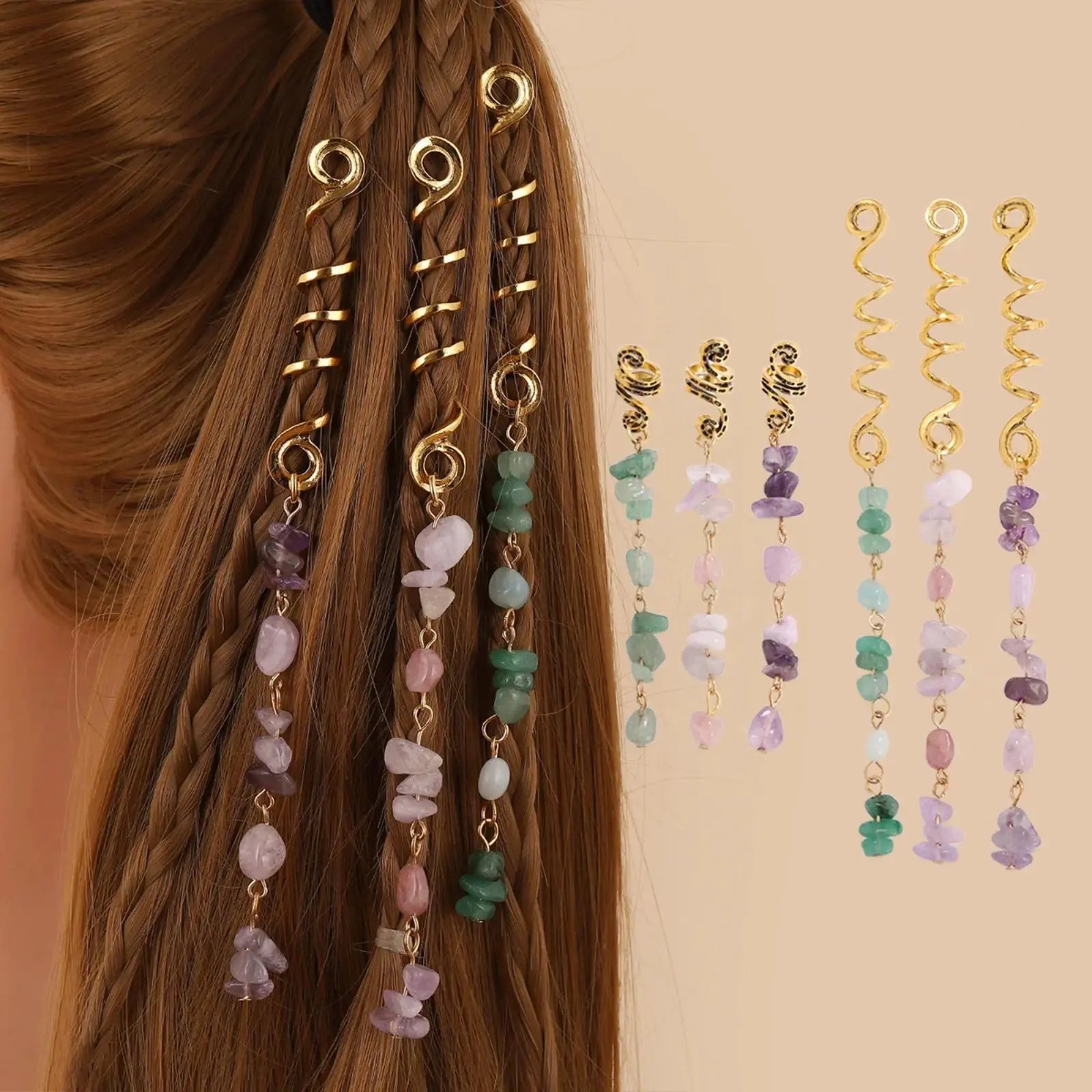 2Pcs & 6Pcs Bohemian Braided Hair Tie Set With Natural Stone Pendant, Retro Ethnic Hair Rings & Clips Bold Euro-American Style For Dreadlocks Vintage Hairstyle Styling