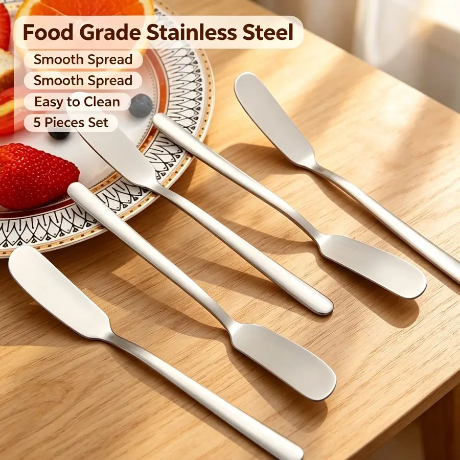 5pcs Food Grade Stainless Steel Butter Spreader Set, Smooth Spread & Easy Clean, Kitchen Tools, Durable & Safe for Daily Use