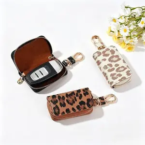 Leopard Print Waist Car Key Holder Pouch, 8.7*5.4cm Large Capacity Soft Synthetic Leather Key Organizer with Secure Zipper, Scratch-Proof Portable Unisex Key Case for Everyday Carry