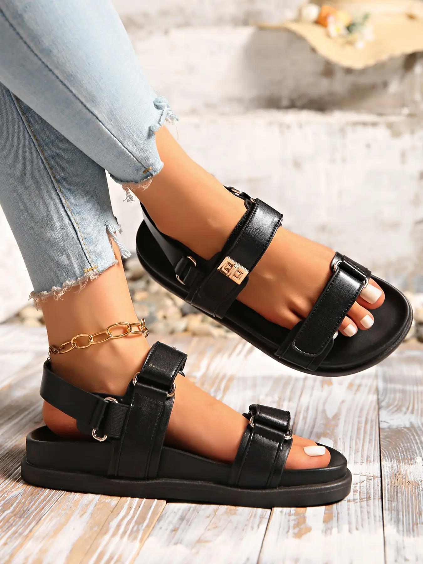 Summer Women's Plus Size Sandals, Adjustable Velcro Strap, Ankle Strap Sandals, Soft Sole Comfortable Walking Shoes, Versatile Style Footwear, Daily Fashion Footwear