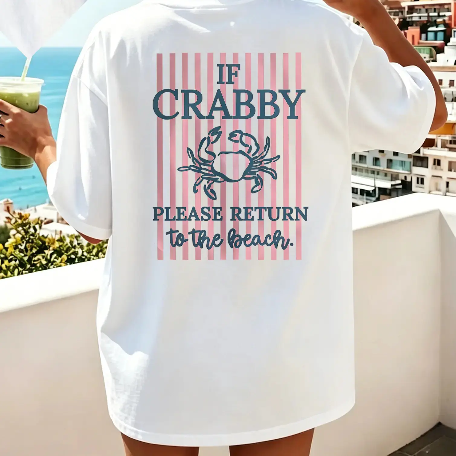 Double-Sided Print Women's Fashion Top, Women's Summer Clothing, Fresh Style, Crab Striped IF CRABBY Printed Round Neck Pure Short Sleeve T-Shirt