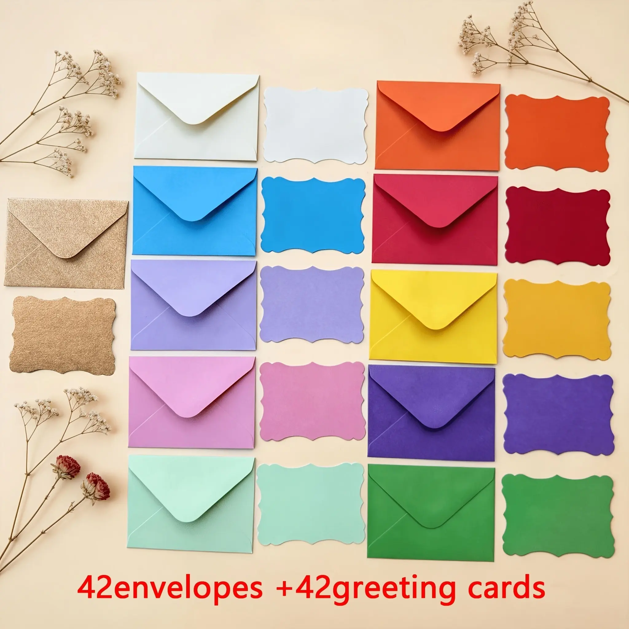 1Set - 42 Mini Colorful Western Envelopes+ 42 Wave Edge Greeting Cards - Premium Self-Adhesive Seal - Mixed Colors: Red, Green, Pink, Ivory, Purple, Blue, Golden, Orange,