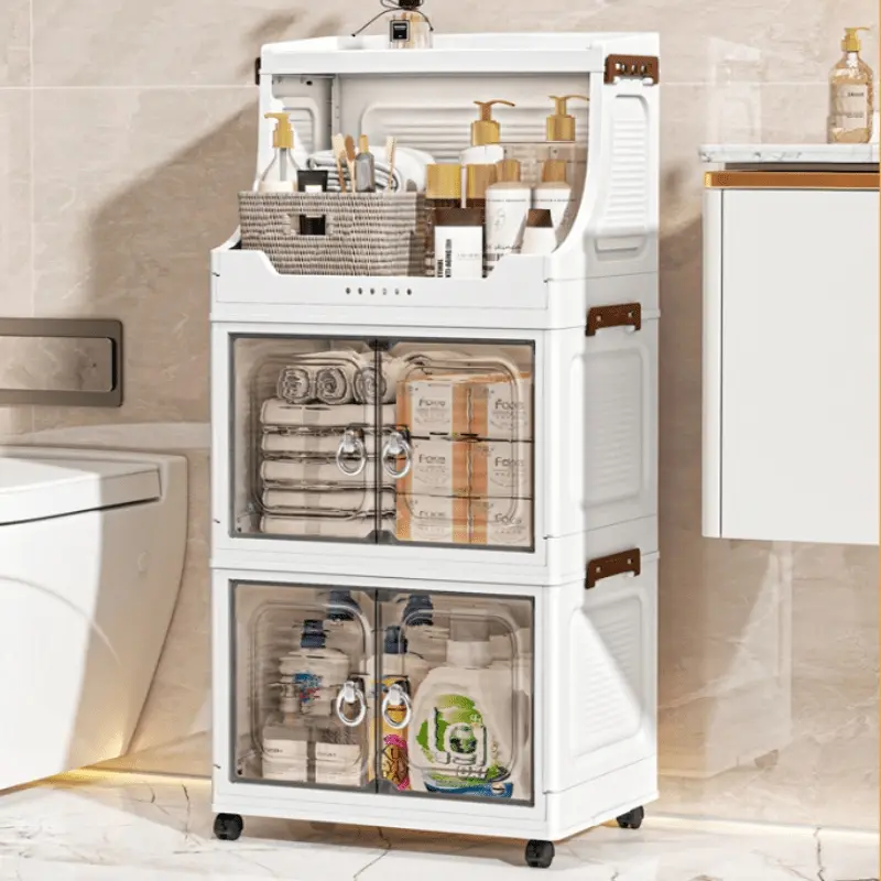 Foldable and stackable storage cabinet with wheels, transparent door dustproof wardrobe storage rack, suitable for family bedrooms and living rooms. Multi layer plastic folding storage box, portable wardrobe rack with wheels