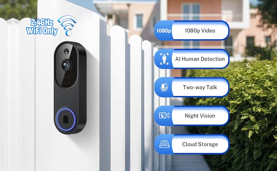 Black WiFi Video Doorbell Camera - AI Human Detection, 2-Way Talk, Night Vision & Cloud Storage.Easy DIY Install, No Wiring Needed.Protect Your Home 24/7.
