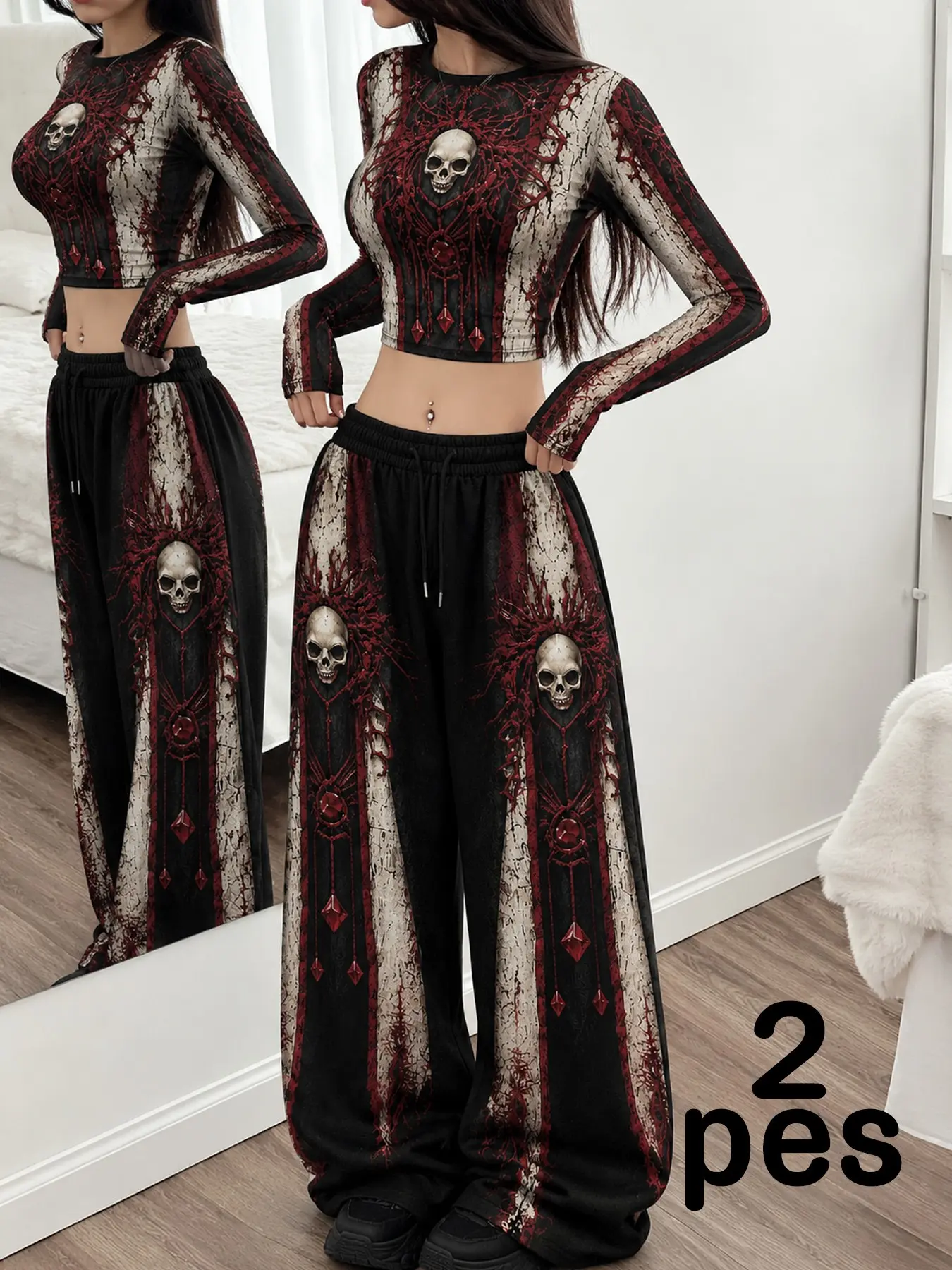 Women's Gothic Skull Print Two-Piece Set, Long Sleeve Top & High-Waisted Pants, Y2K Dark Aesthetic, Halloween, Slim-Fit Suit, Two Pieces Sets