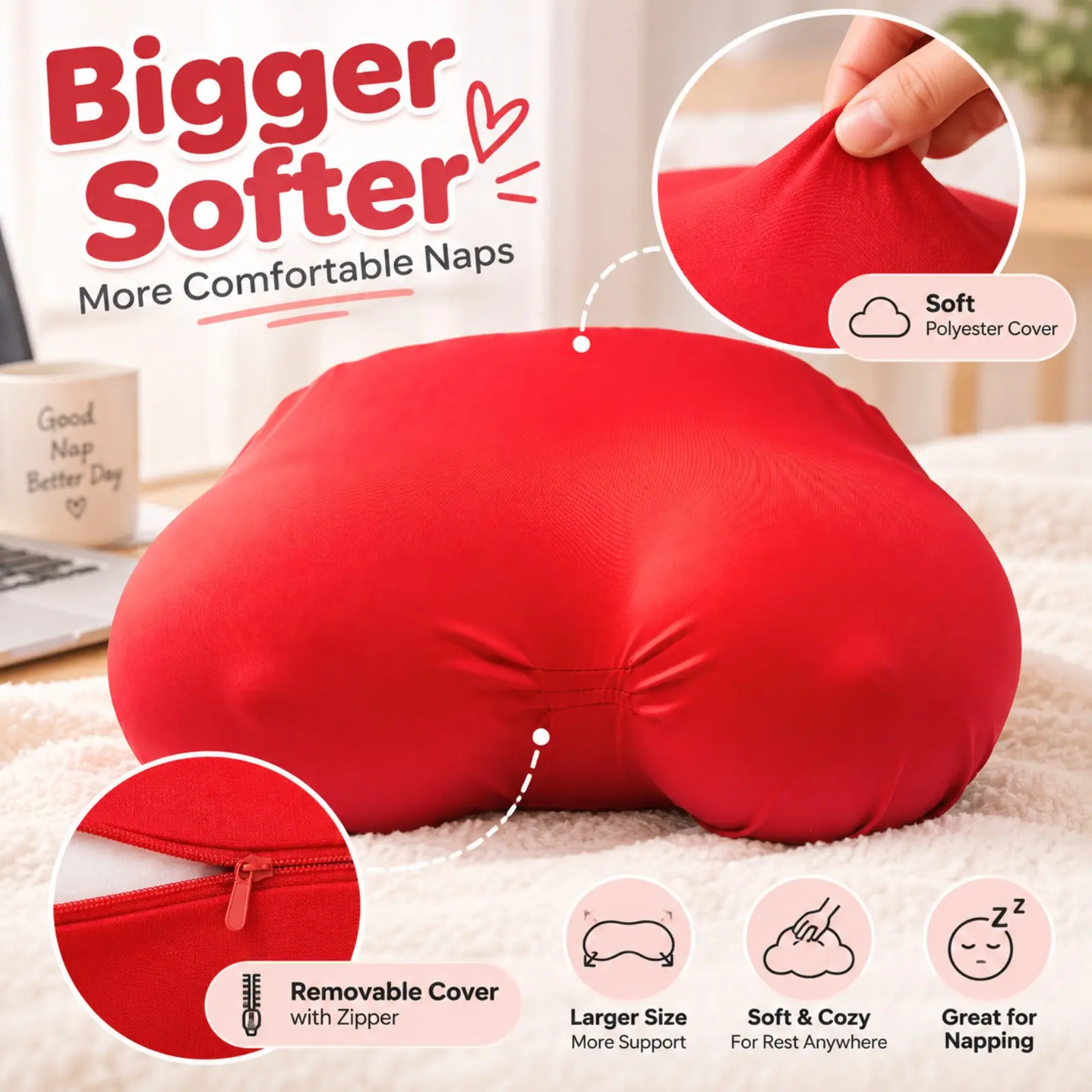 Large Supportive Nap Pillow, and, Ideal for Office, Home, Travel, Soft and Plush, Removable Cover, Perfect Gift, Supportive Head Cushion