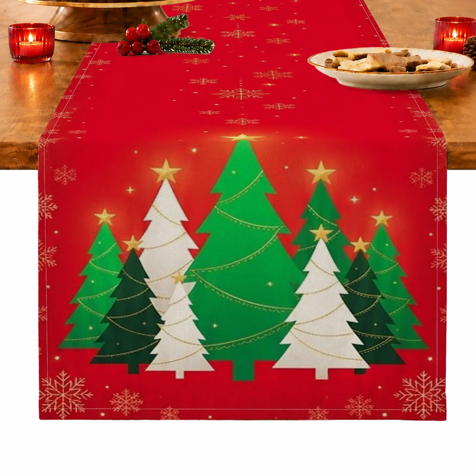 1pc Christmas Tree & Snowflake Table Runner, Vintage Christmas Style, for Dining Table, Kitchen, Christmas Dinner & Holiday Gathering, Christmas Table Decoration and Festive Home Decor
