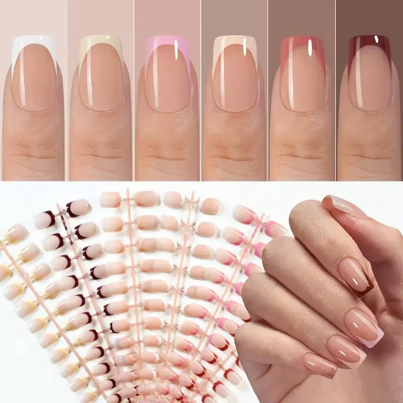 180 Pcs Short Square French Press On False Nails Set, DIY Fake Nails, Full Cover Artificial Nails in 6 Colors White, Beige, Nude, Brown, Burgundy, Pink, 15 Sizes, Ideal for Valentine's Day, Parties, Daily Wear & Special Occasions
