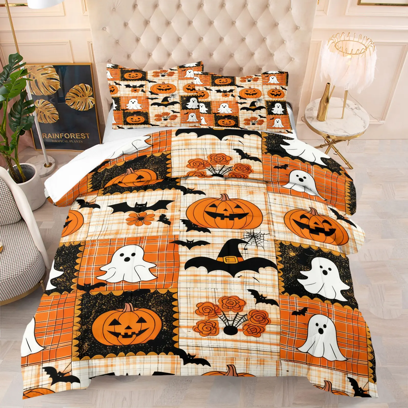 Halloween Patchwork Plaid Pumpkin Ghost Bat Witch Hat Floral Comforter Set, Bedding Set, Soft Digital Holiday Print Quilt Bedding, U-Shaped Stitched, Machine Washable, Includes 1/2 Pillowcases - without Core, Cute Fall Farmhouse Bedroom Decor Gift