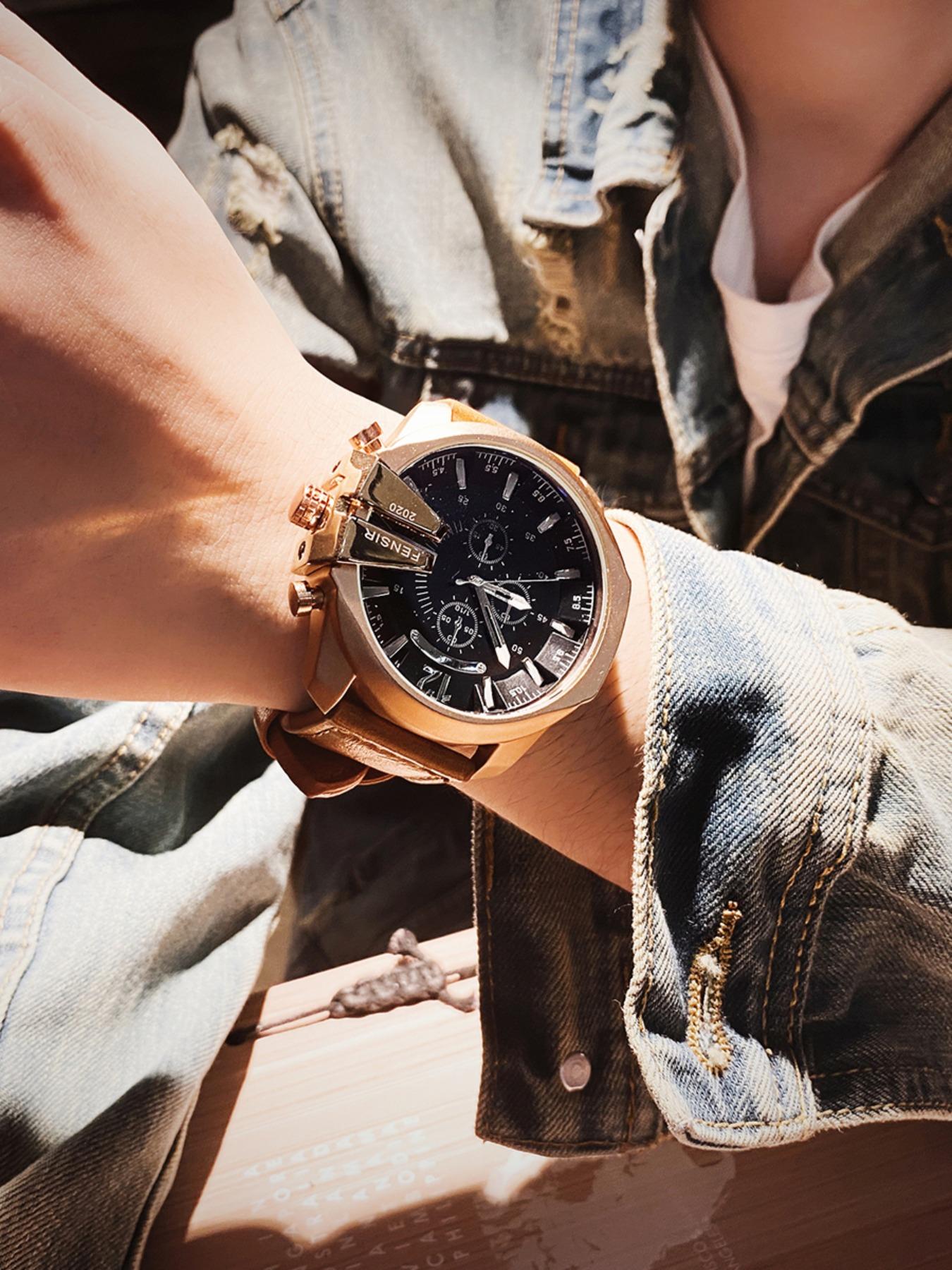 Men's Business Fashion Round Dial Analog Quartz Watch, Business Fashion Watches, Business Leather Watch for Party, Daily Clothing Decor, Trendy Exquisite Watch for Birthday Gift with Box