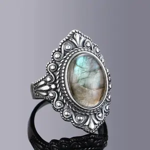 Silver  for Women  Round Natural Labradorite  Gift Sun Shaped Retro Luxury Fine Jewelry aot tapered  birthstone