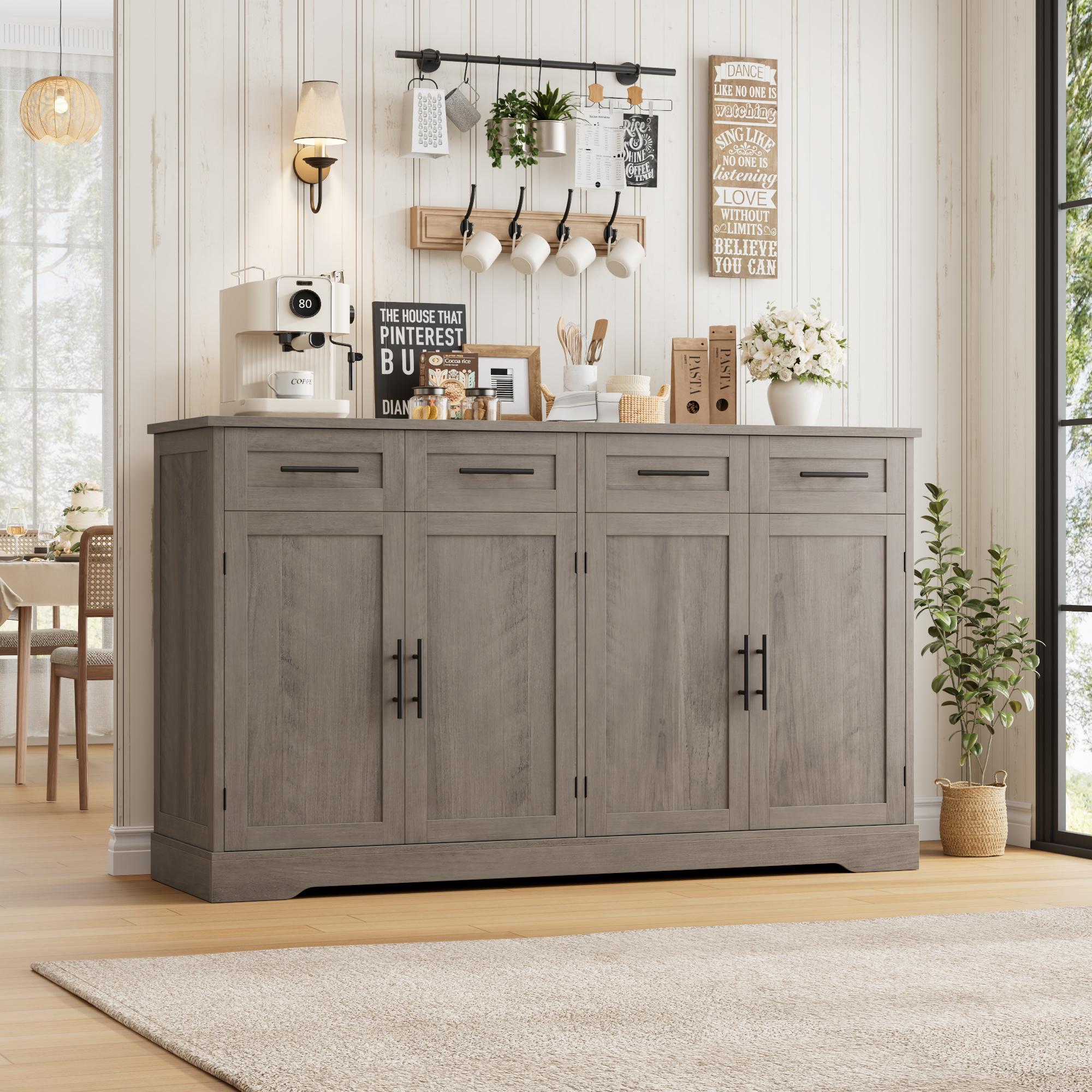 【2 packages shipping 】HOSTACK Buffet Sideboard with Storage, Kitchen Buffet Storage Cabinet with 4 Drawers, Modern Coffee Bar Cabinet with Gold Handles, Long Sideboard Buffet Table for Kitchen