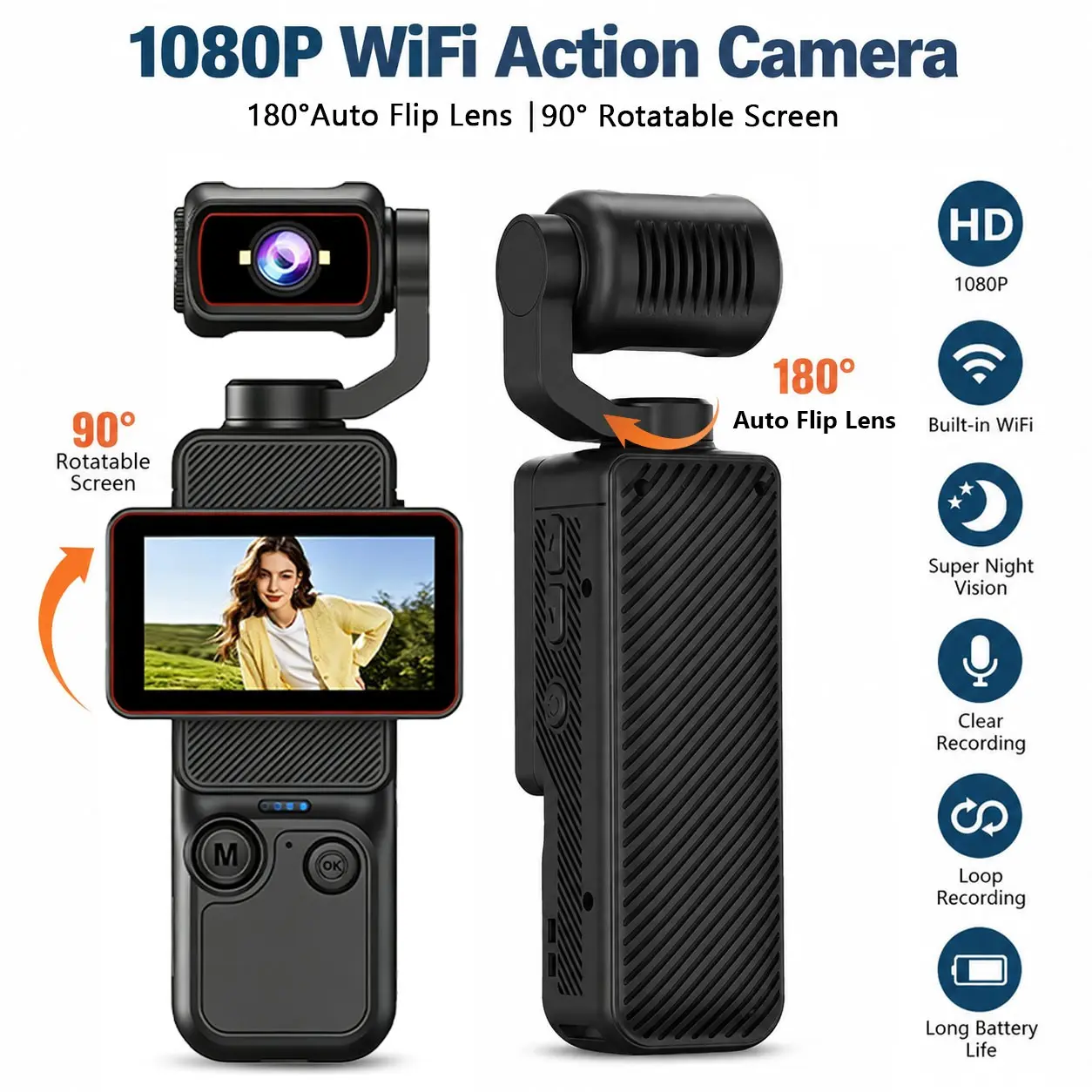1080P Auto-Rotating Vlog Camera, 180° Motorized Panoramic Lens, Infrared Night Vision, WiFi Anti-Shake, Ideal for Youtube Tiktok
