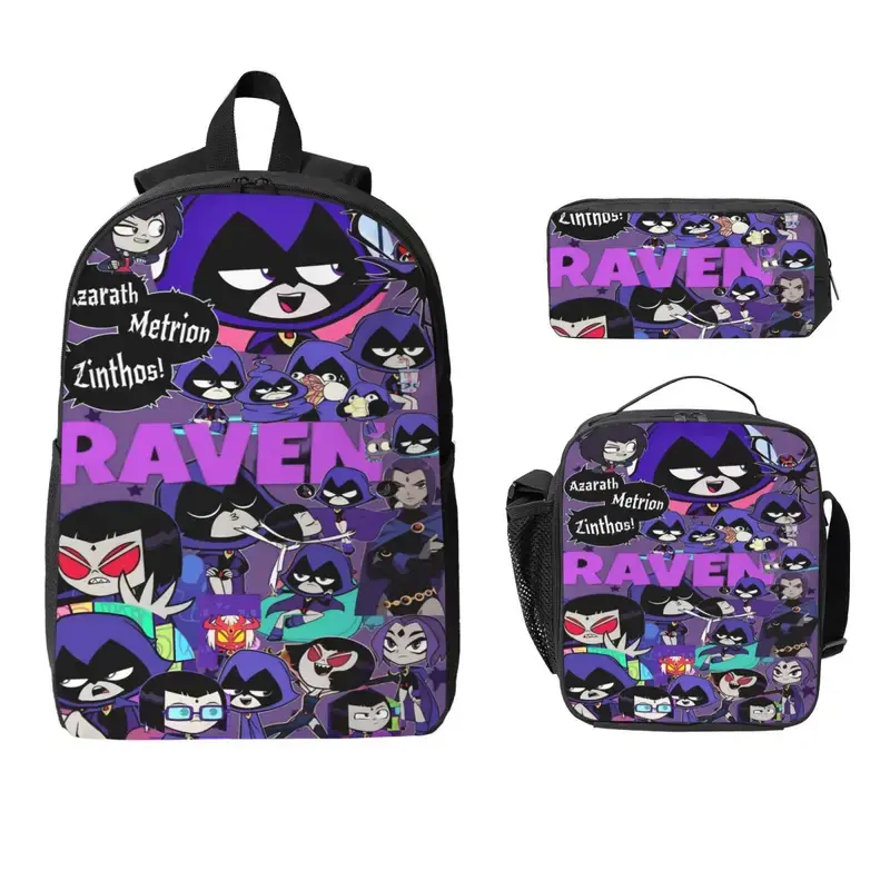 3Pcs Cartoon Teen Titans Go Beast Boy Backpack Set - Back to School Haul for Students, Zipper Pen Bag, Lunch Box for Beach Lunches, Umbrella-Compatible Knapsack, Synthetic, School Lunches