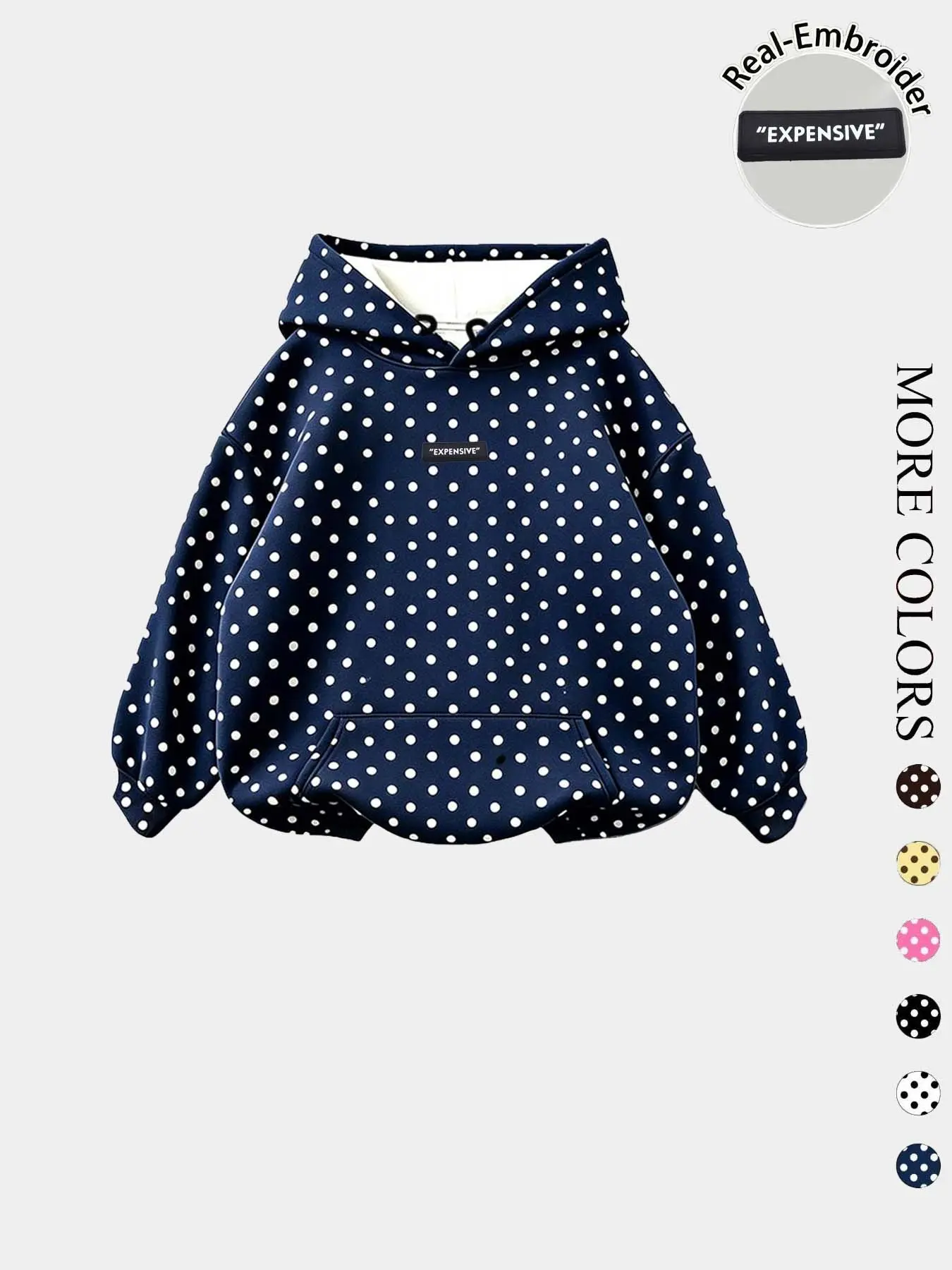 Retro Polka Dot Hooded Sweatshirt, Oversized Loose Fit, Front Kangaroo Pocket, Embroidery Label, Soft Fleece, Fall & Winter Casual Wear, Trendy Hoodie Sweatshirt