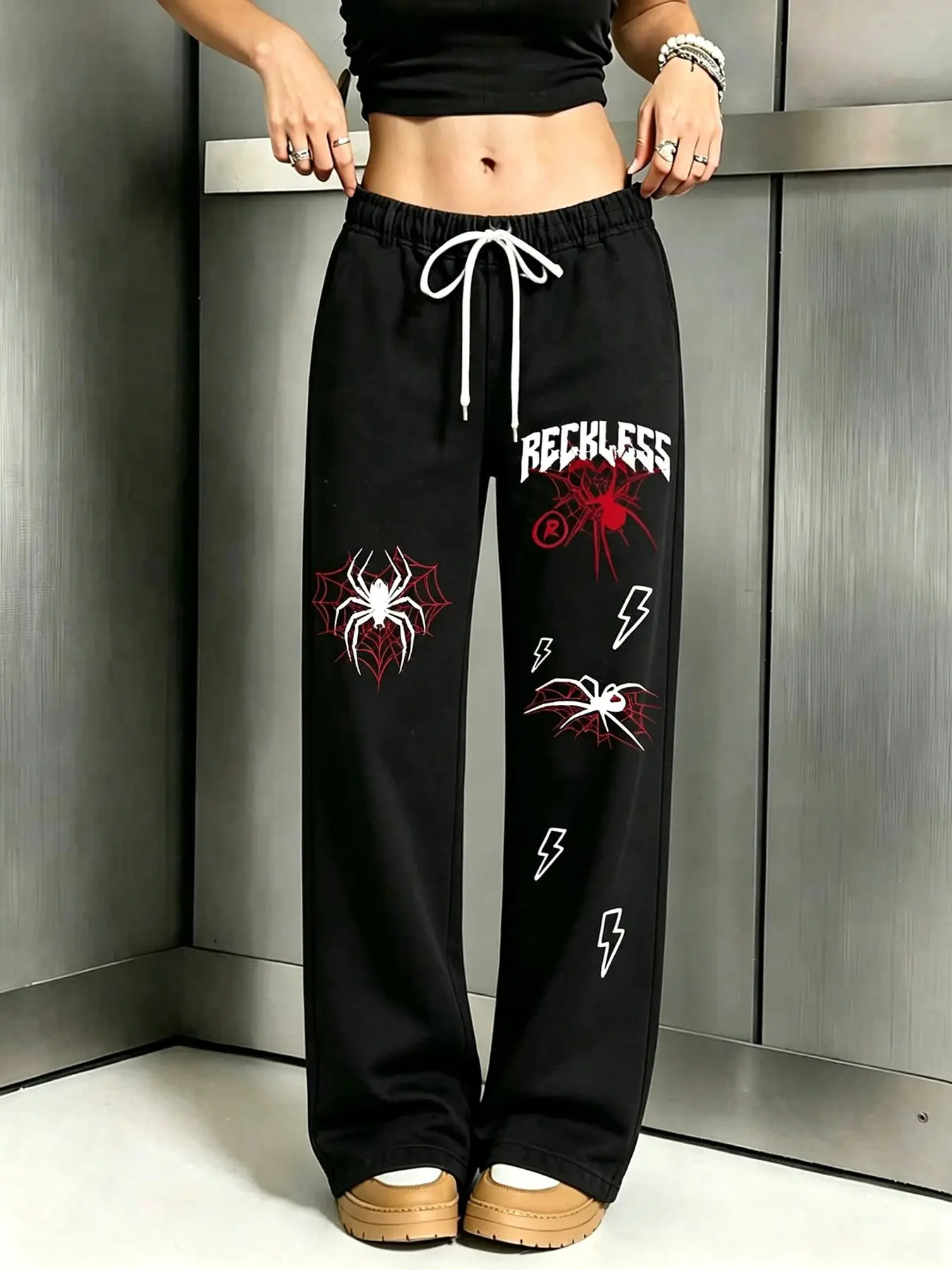 Women's Spider Print Wide-Leg Sweatpants, Japanese Drawstring Waist, Casual Streetwear, Daily Leisure, 1 Piece Set
