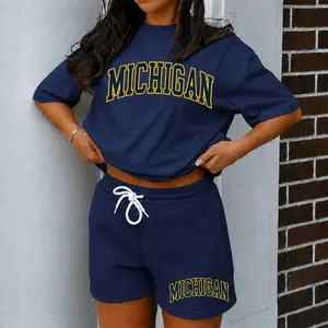 Women’s MICHIGAN Graphic Print Short Sleeve T-Shirt and Drawstring Shorts Set, Casual Summer 2-Piece Outfit, Comfortable Crew Neck Top and Elastic Waist Shorts for Daily Wear, Vacation, Travel, Beach, Resort and Lounge Wear