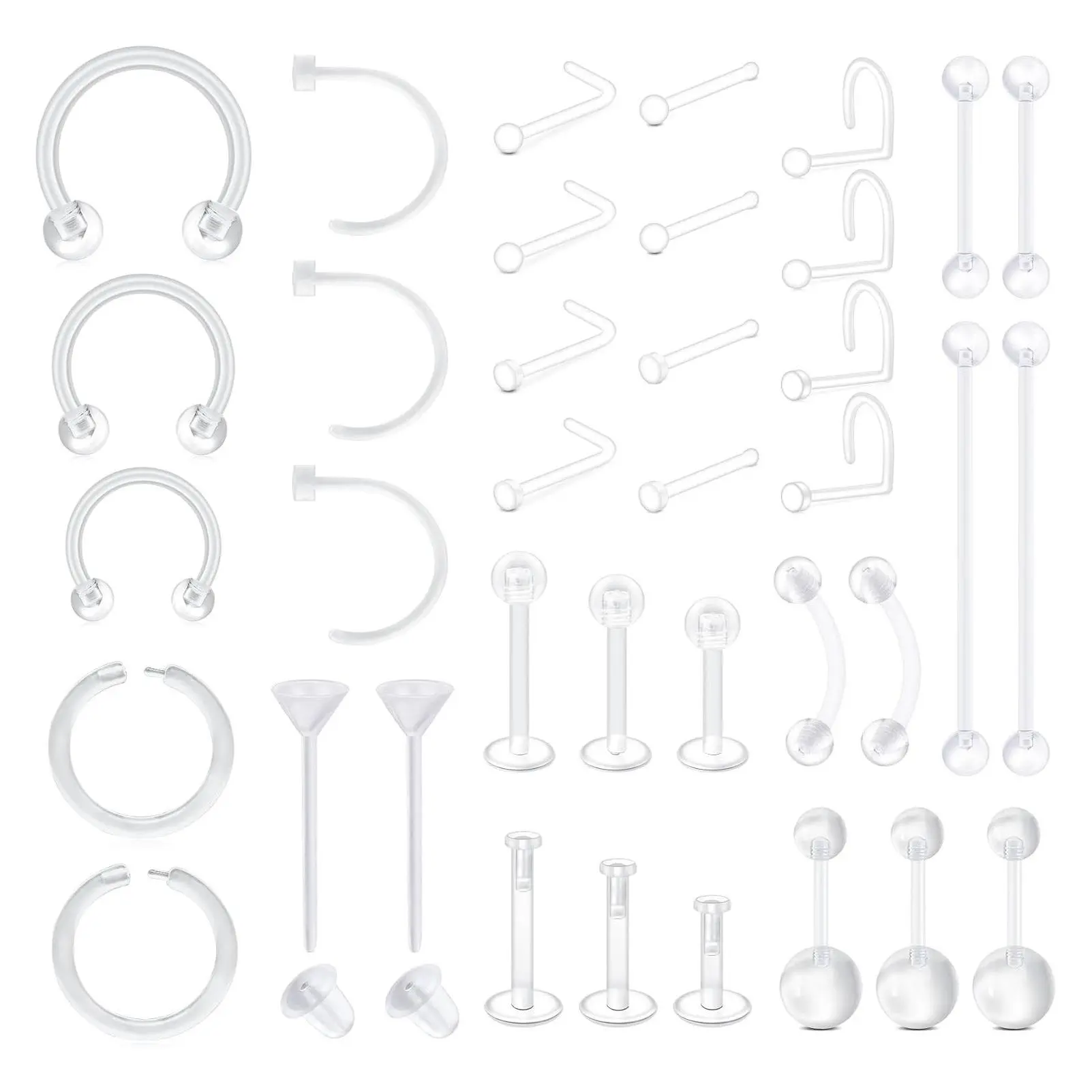 37PCS Clear Piercing Retainers for Work, Bioflex Plastic Nose Rings & Studs, Belly Rings, Septum, Eyebrow, Lip, Cartilage, Tragus, Industrial Bar Piercing JewelryGift