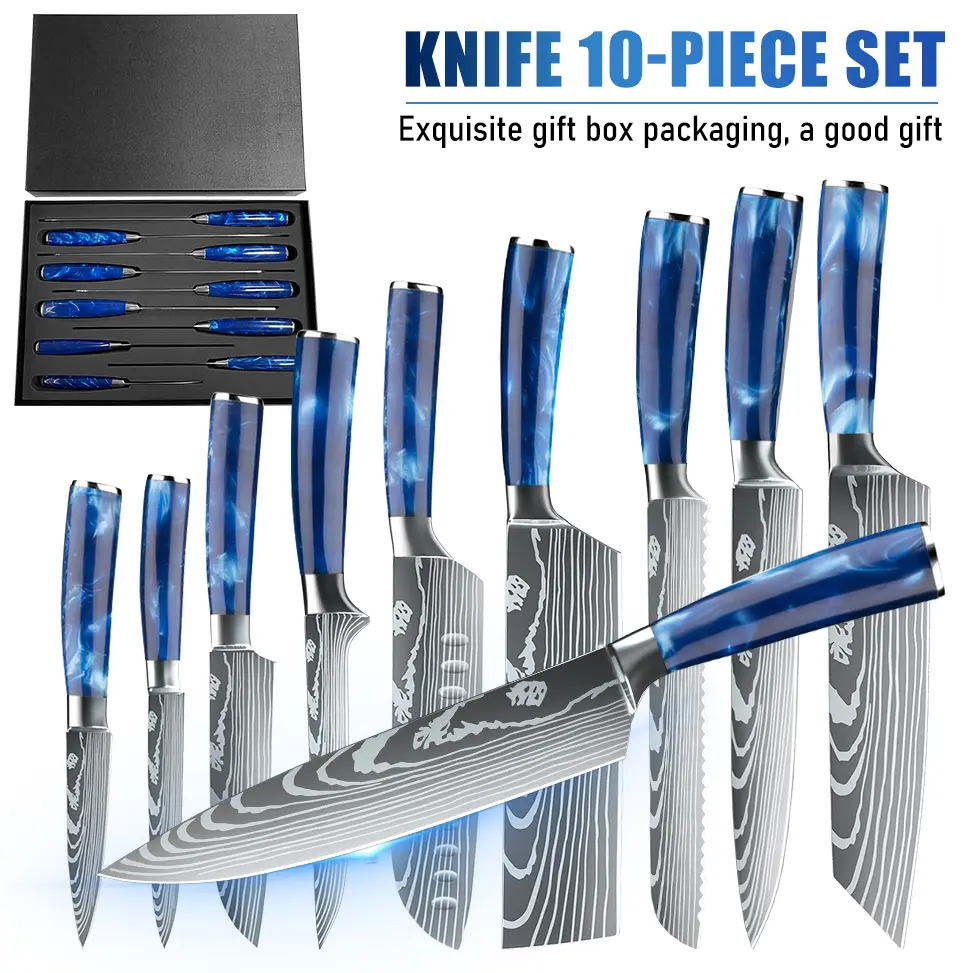 10-Piece Multi-Size German Damascus Kitchen Knife Set with Gift Box Pack, Sharpening Rod - Blue Resin Handle, Ultra Sharp Stainless Steel Metal Blade Knives for Home Cooking, Outdoor Camping (Meat, Vegetables)