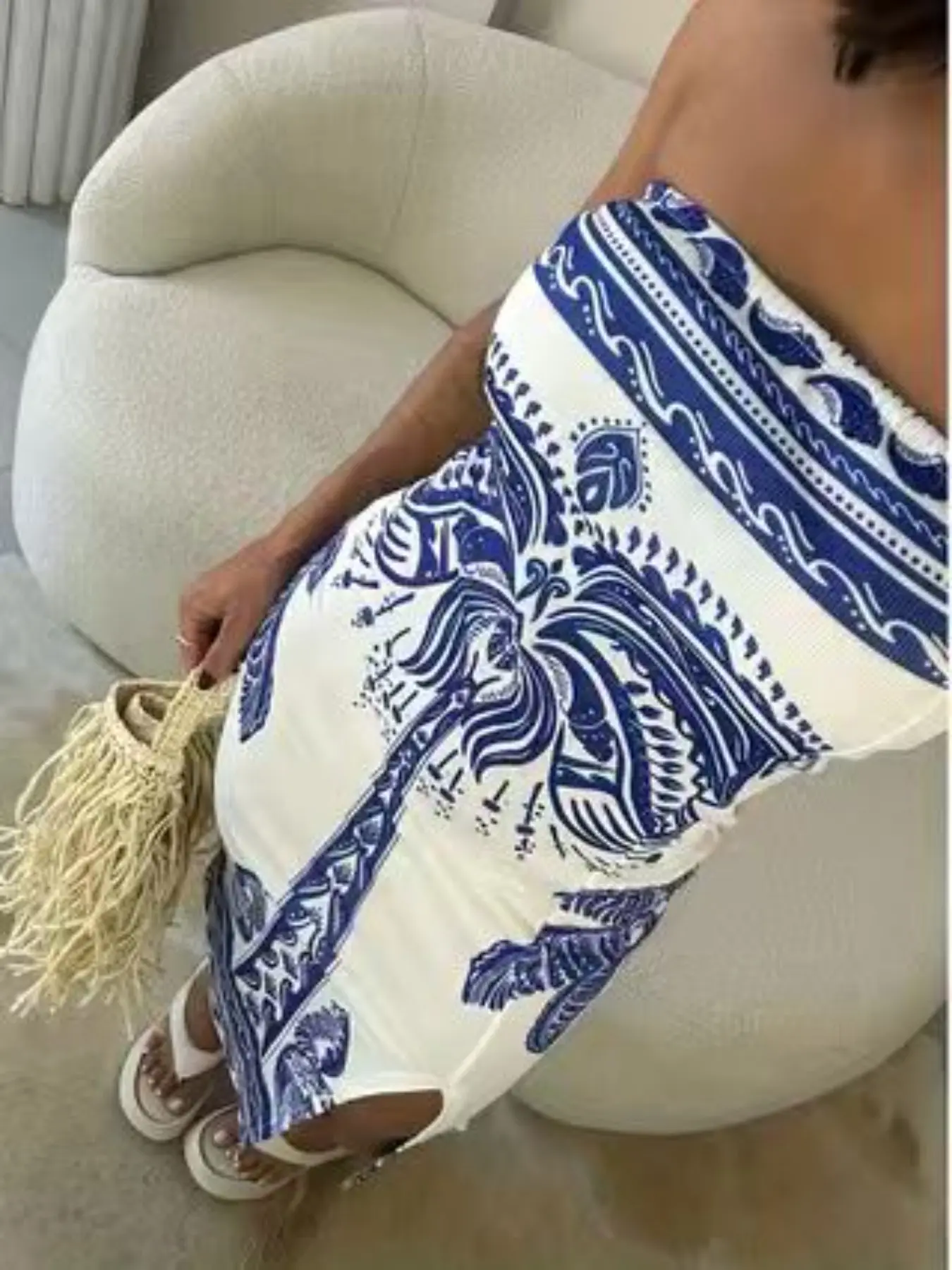 European and American Strapless Blue and Porcelain Coconut Tree Print Dress, Split Bodycon Butt Lift Vacation Midi Dress