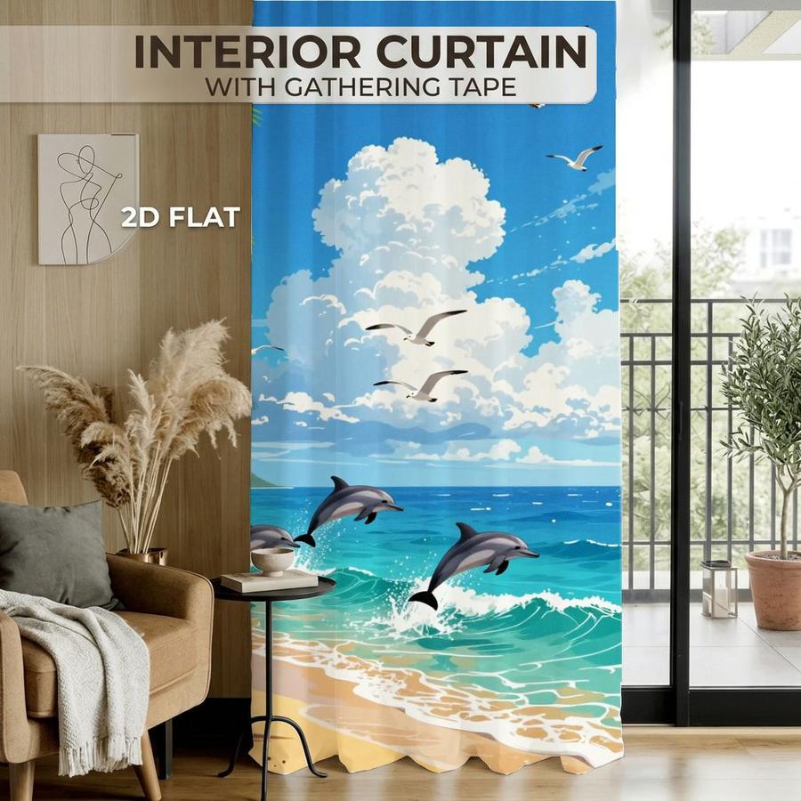 2Pcs Coastal Style Beach Scene Dolphin Seagull Palm Tree Sun Blocking Curtains Digital Printed Rod Pocket, Window Treatment For Bedroom Office Kitchen Living Room Study Home Decor