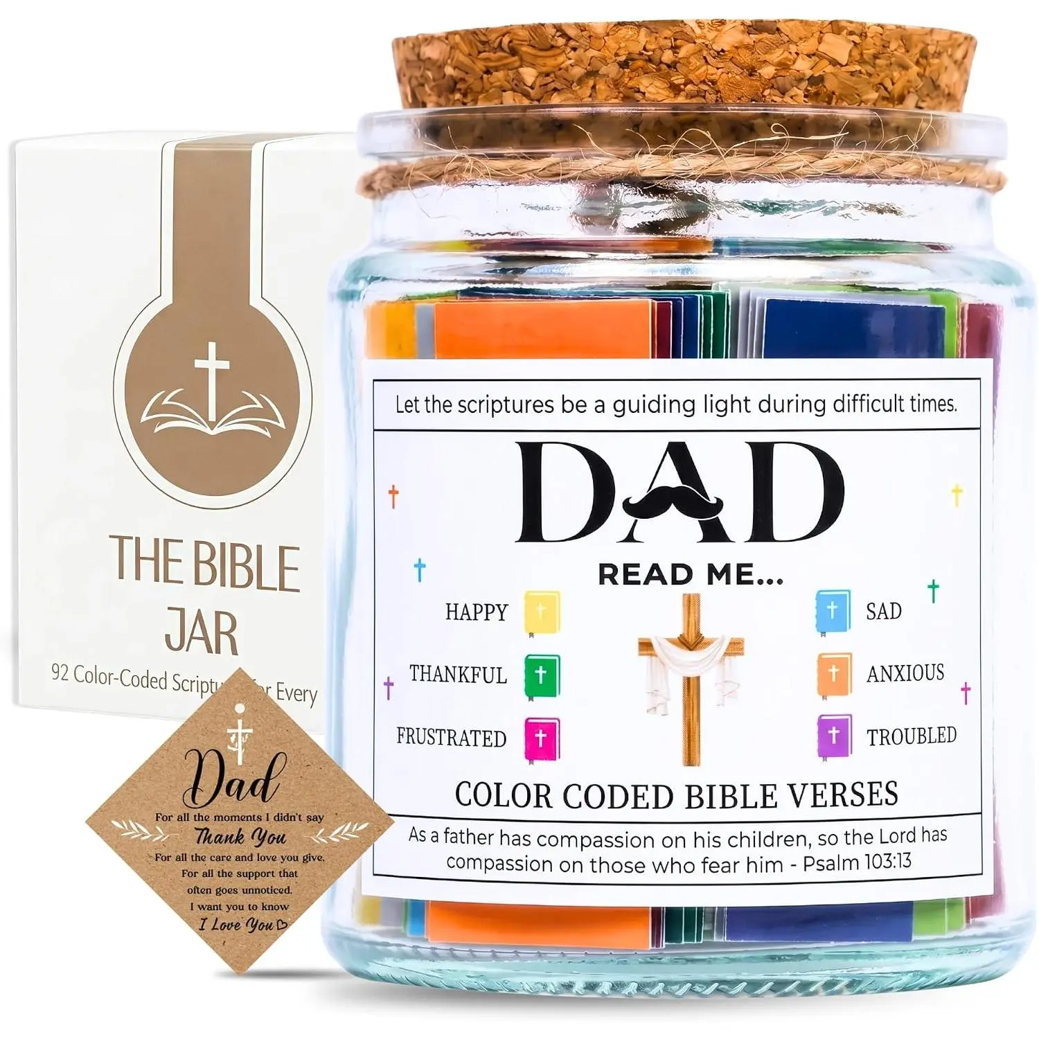 Fathers Day  for Dad,  Verse Jar Christian Gifts for Men - Religious Dad Birthday  from Daughter or Son - 92 Scripture Prayer Jar & Thank You Tag, Meaningful Presents for Dad