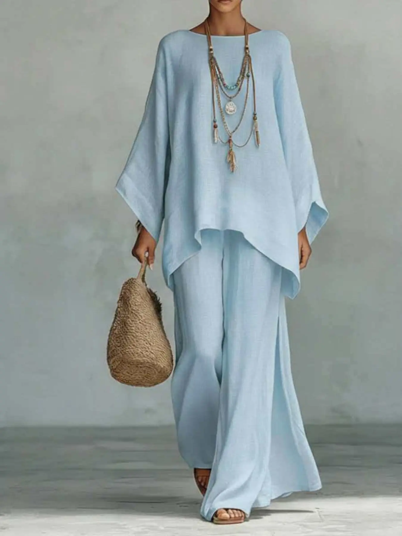 Women's Solid Color Lightweight Two-Piece Set, Boat Neck Baggy Loose Wide Sleeve Top, Elastic Waist Wide Leg Long Pants, Casual Vacation