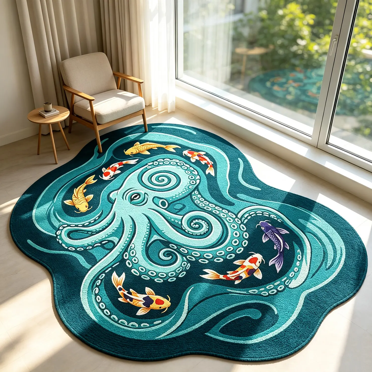 Unique Octopus Koi Rug, Animal Pattern Rug, Decorative Rug, Artistic Unusual Shape Mat, Soft Plush Foot Pad, Washable Hand Wash, Perfect Gift for Any Room