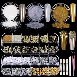 Gold Chrome Nail Powder Kit with Nail Charms and Gems, Pearl Nail Chrome Powder for Nails, Silver Crome Powder for Gel Nails, Nail Supplies Nail Decor