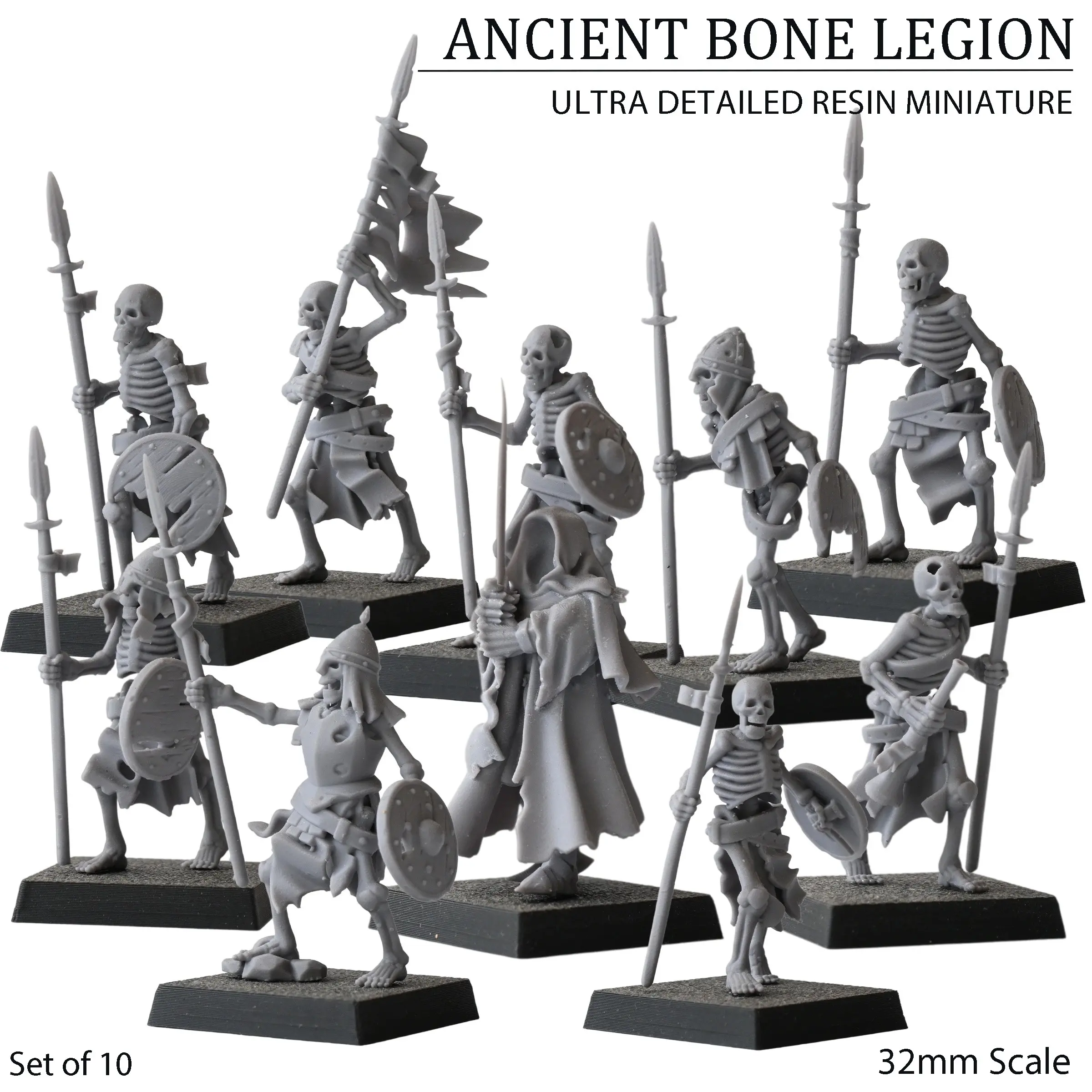 Fantasy Skull Army Collection Figure Set - 10 Pieces Resin D&d Board Game Miniatures, 32mm Scale, Unpainted, Figurines & Miniatures