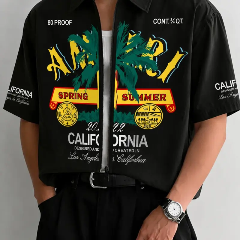 Men's Shirt with Coconut Tree Summer Pattern and Letter Print, Casual Loose-Fit Top with Front Zipper, Ideal for Vacation, Casual Graphic Shirt
