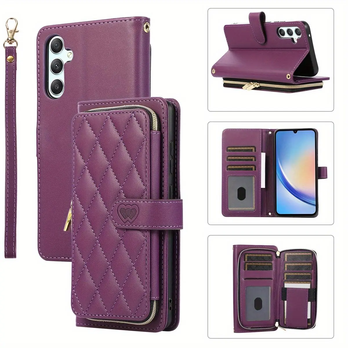 Crossbody Wallet Case for Samsung Galaxy A12 A13 A23 A32 A51 A71 A52 A53 A33 A14 A34 A54 A15 A25 A35 A55 A73 A24 A31 A22 A72 5G, PU Leather Zipper Handbag Purse Flip Cover, Kickstand Folio Case with Card Slots Holder Wrist Strap Lanyard