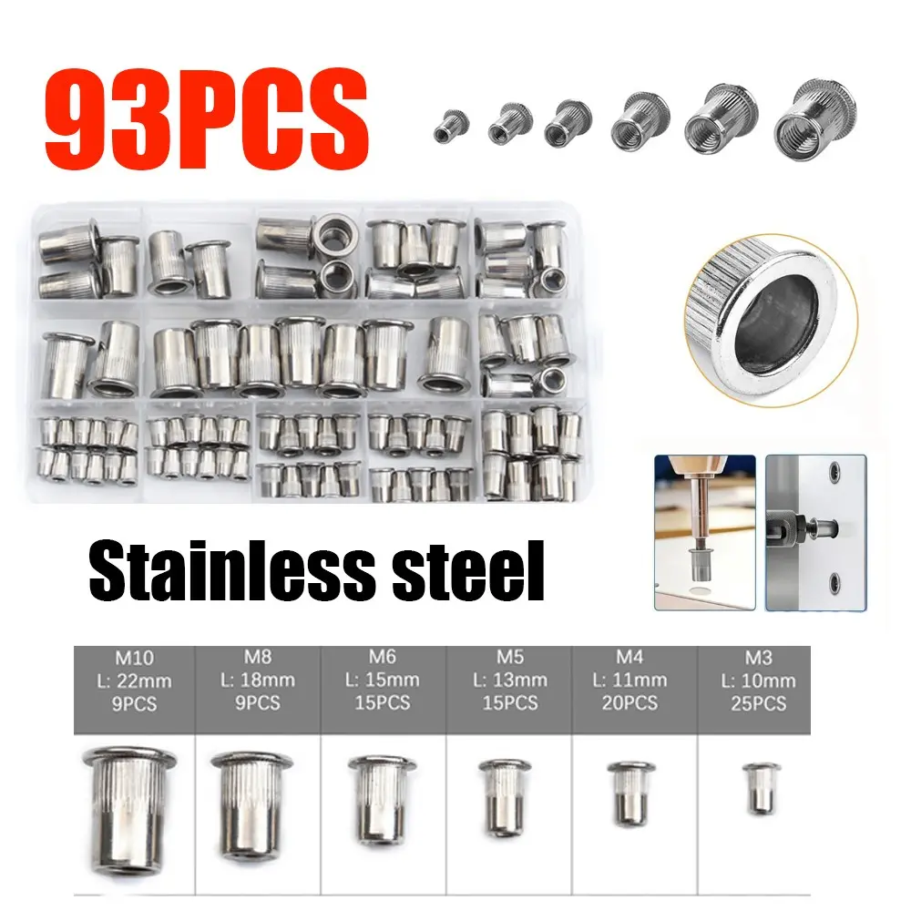 93pcs Stainless Steel Rivet Nuts Set (m3-M10), Multi-Specification Rivet Nuts Combination, Boxed Packaging, Durable and Reliable Fasteners Hardware