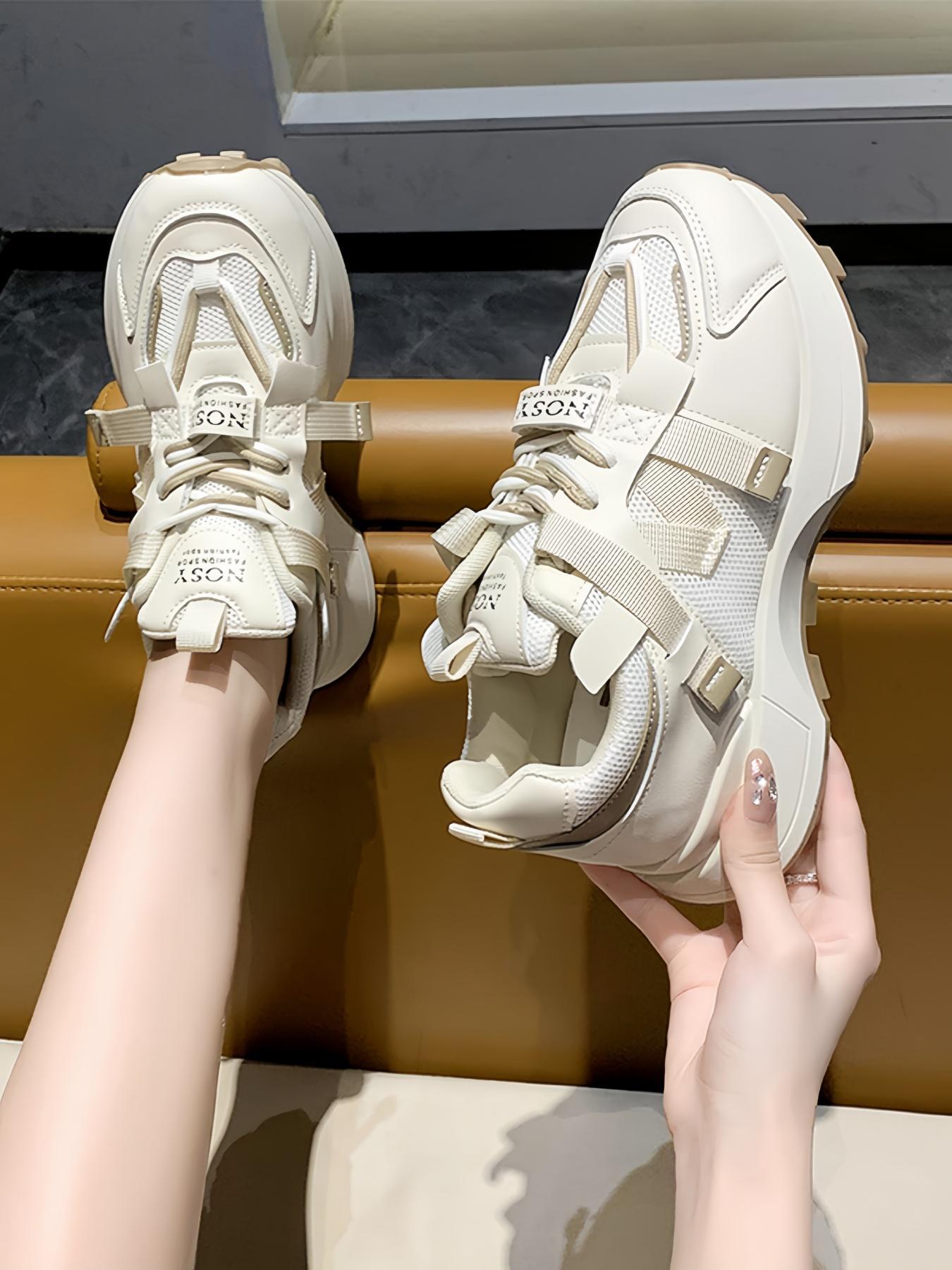 Women's Fashionable Solid / Colorblock Lace Up Sport Sneaker Walking Shoes, Casual Comfortable Breathable Sports Shoes, Female All-match Round Toe Shoes for Daily Wear