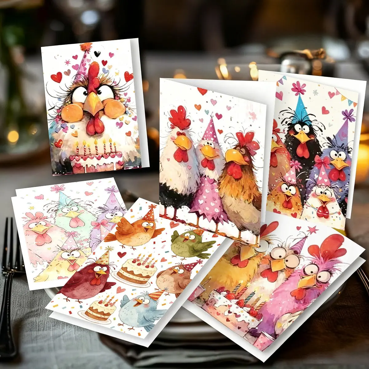 6 Fun Chicken Birthday Card Set, 4 Unique Designs, Colorful Party Hat Chick Pattern, Blank Inside for Messages, Perfect Gift for Various Occasions