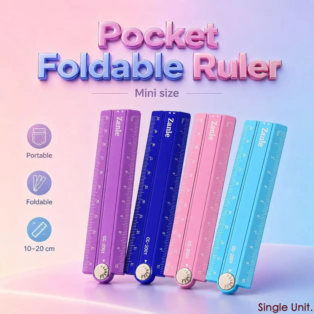 Zanle Palm Folding Metal Ruler 10cm, Mini Portable Pocket Ruler, Laser Engraved Aluminum Alloy, Durable Rust-Resistant, Multi-Color Options, Student Office Drawing Tool